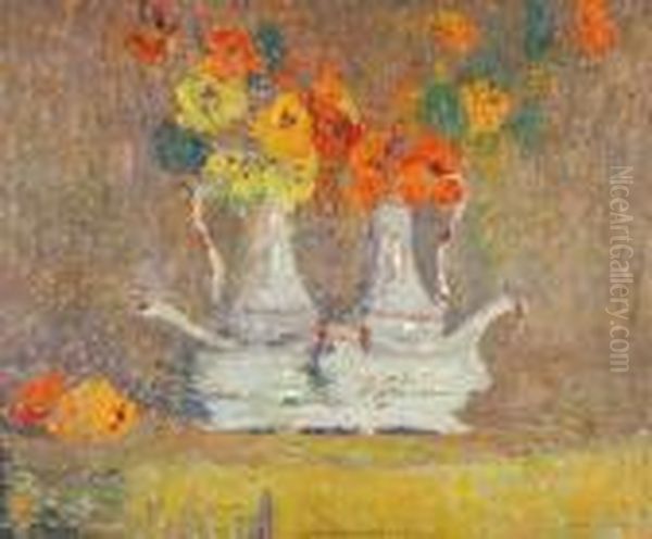 Nasturtiums In Porcelain Cruets Oil Painting by Henri Martin