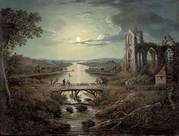 A moonlit view of the River Tweed with Melrose Abbey in the foreground and figures on a bridge Oil Painting by Abraham Pether