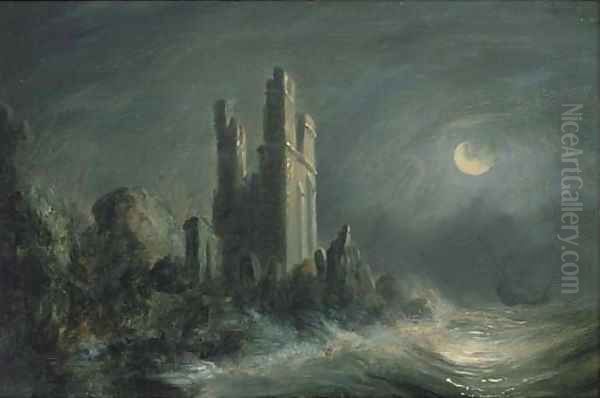 A ruined castle on a stormy moonlit coast Oil Painting by Abraham Pether