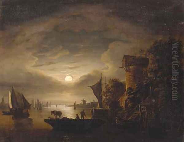 Figures with livestock on a ferry, in a moonlit river landscape Oil Painting by Abraham Pether