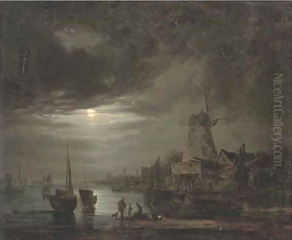 Figures on the bank of a river, by moonlight Oil Painting by Abraham Pether