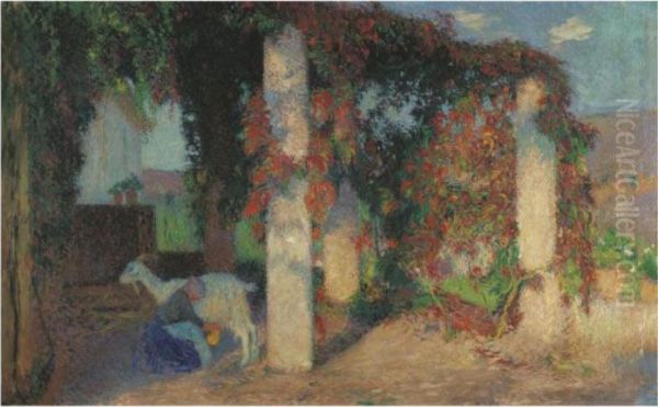 Jeune Fille Trayant Une Chevre Sous Une Des Pergola De Marquayrol Oil Painting by Henri Martin