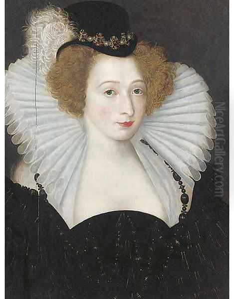 Portrait of a lady, bust-length, in a black jewelled hat and a white ruff Oil Painting by Frans, the Elder Pourbus