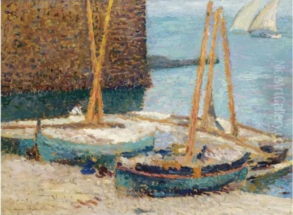 Gros Plan De Barques Avec Deux Voiliers A L'entree Du Port De Collioure Oil Painting by Henri Martin