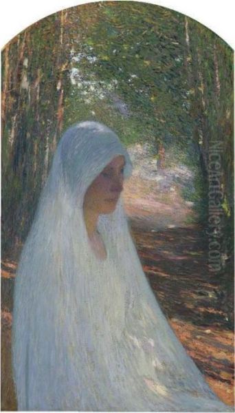 Jeune Femme Voilee De Blanc Dans La Foret Oil Painting by Henri Martin