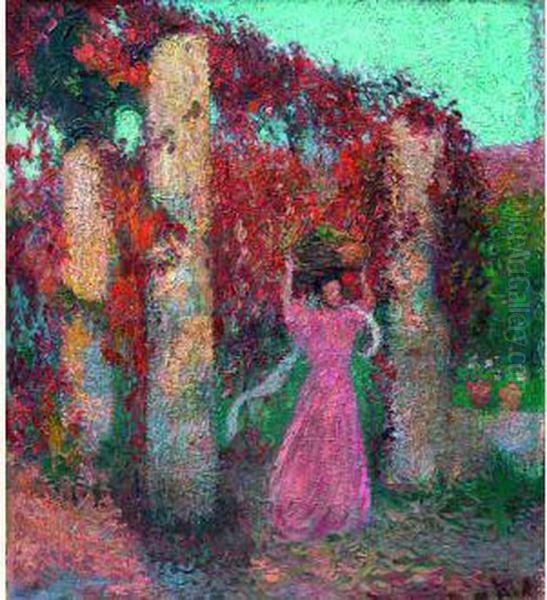 Jeune Femme Portant Une 
Corbeille Sur La Tete Devant Une Pergola De Vigne Vierge Rouge, Circa 
1905 Oil Painting by Henri Martin