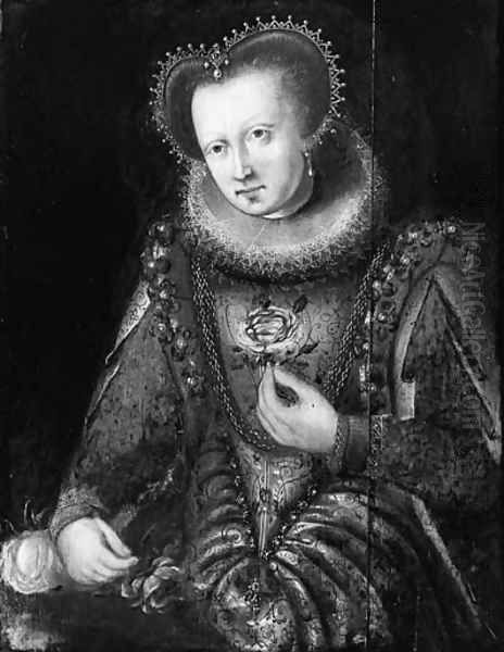 Portrait of a noblewoman, standing small threequarter length by a table Oil Painting by Frans, the Elder Pourbus