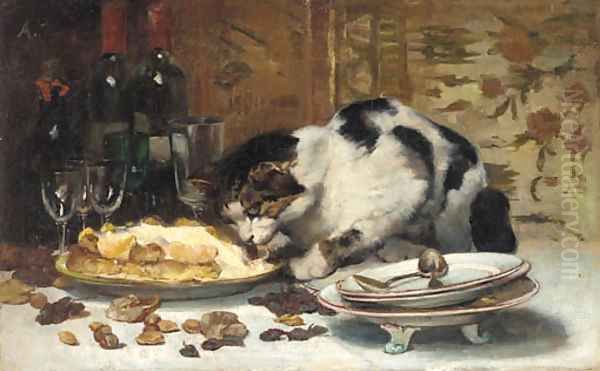 The cat who got the cream Oil Painting by Alfred Puissant