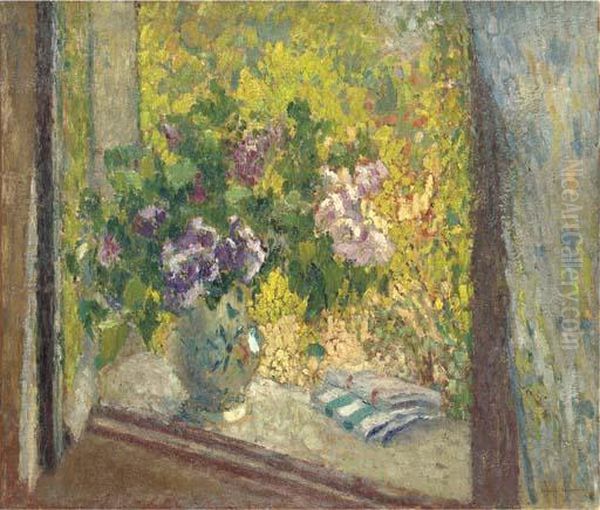 Vase De Fleurs Posee Sur L'entablement D'une Fenetre Oil Painting by Henri Martin