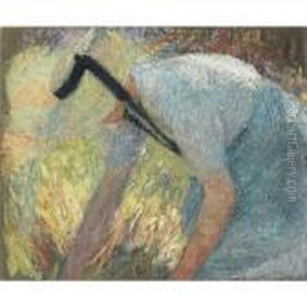 Femme En Tablier Bleu Et Chapeau De Paille, Ramassant Une Gerbe Oil Painting by Henri Martin