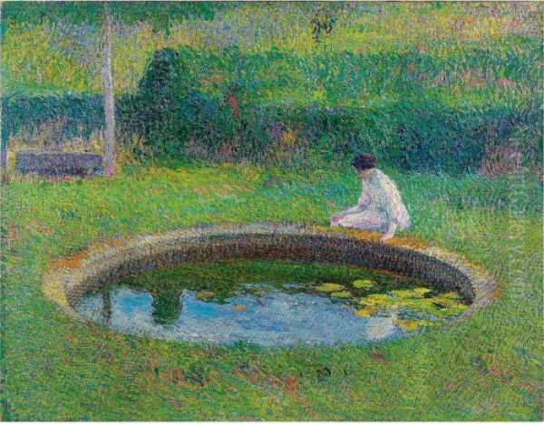 Madame Henri Martin Assise Sur La Margelle D'un Des Bassins De Marquayrol Oil Painting by Henri Martin