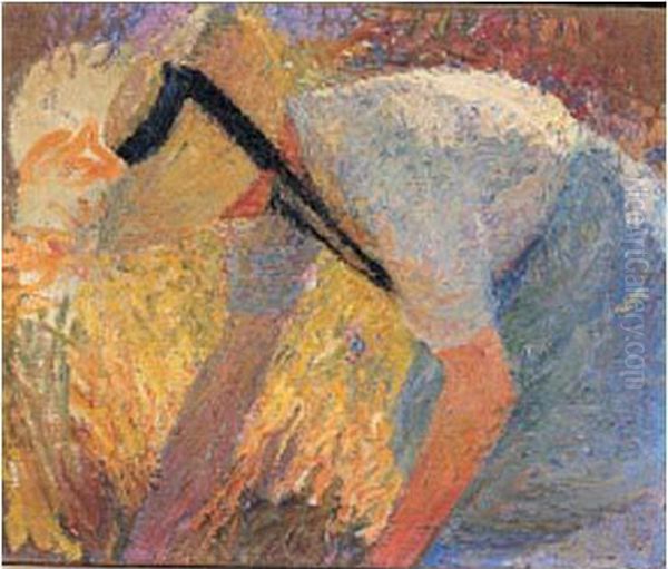 Femme En Tablier Bleu Et Chapeau De Paille, Ramassant Une Gerbe, Circa 1919 Oil Painting by Henri Martin