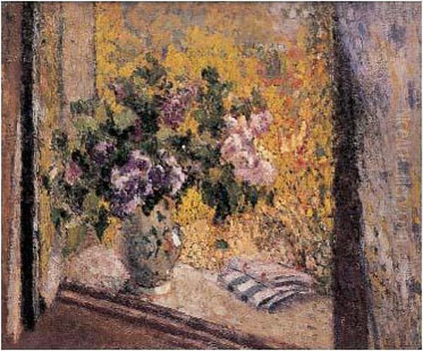 Vase De Fleurs Pose Sur L'entablement D'une Fenetre Oil Painting by Henri Martin