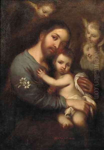 Saint Joseph carrying the Infant Christ Oil Painting by Jose De Paez