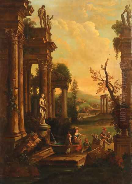 A classical landscape with soldiers and washerwomen resting by a fountain Oil Painting by Pierre-Antoine Patel