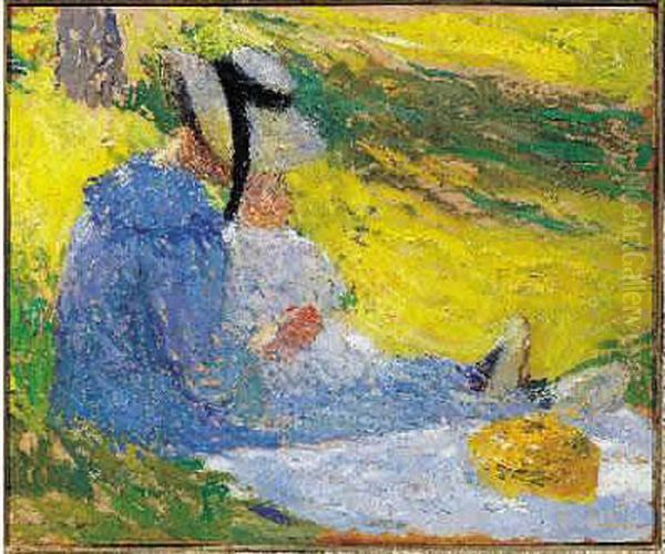 Femme Et Enfant Sur L'herbe. Huile Sur Panneau. Porte Une Signature En Bas A Gauche Oil Painting by Henri Martin