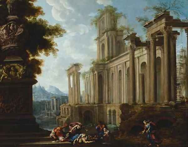 A capriccio of Roman ruins, with the death of Adonis () Oil Painting by Pierre-Antoine Patel