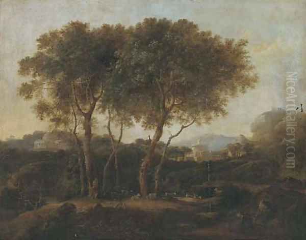 A classical wooded landscape with a goatherd and his flock Oil Painting by Pierre-Antoine Patel