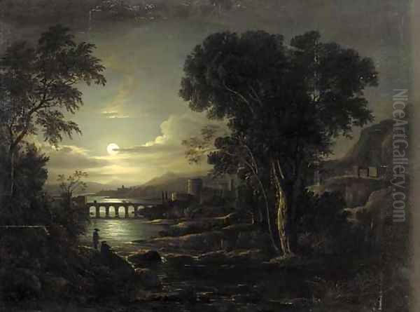 Figures in a moonlit Italianate river landscape 2 Oil Painting by Sebastian Pether