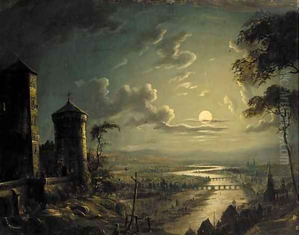 A castle on a mount in a moonlit river landscape Oil Painting by Sebastian Pether