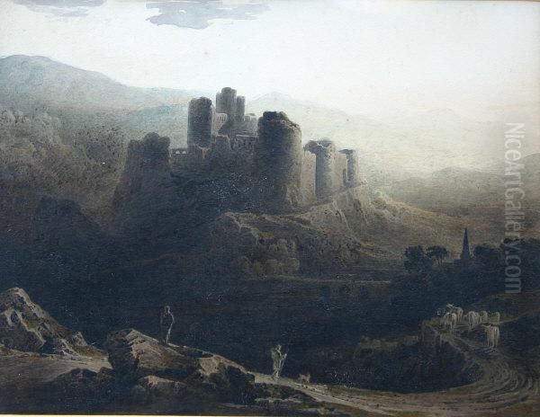 Moonlit - Chepstow Castle Oil Painting by John Martin