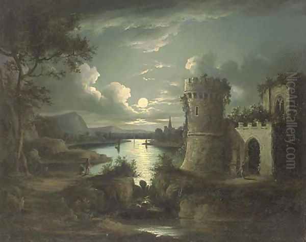 Figures by a ruin, in a moonlit landscape Oil Painting by Sebastian Pether