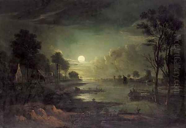 A moonlit river estuary Oil Painting by Sebastian Pether