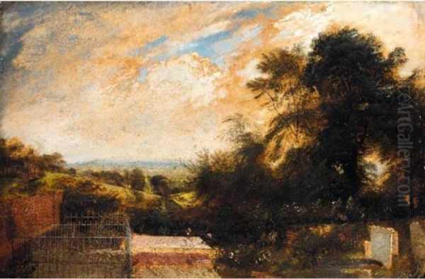 A Country Graveyard, A Wooded Landscape Beyond Oil Painting by John Martin