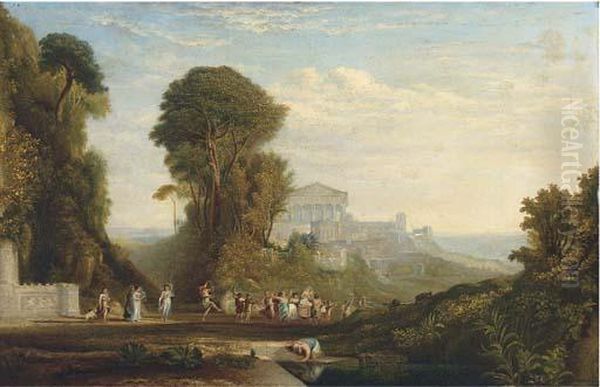 A Bacchanalean Procession In An Arcadian Landscape Oil Painting by John Martin