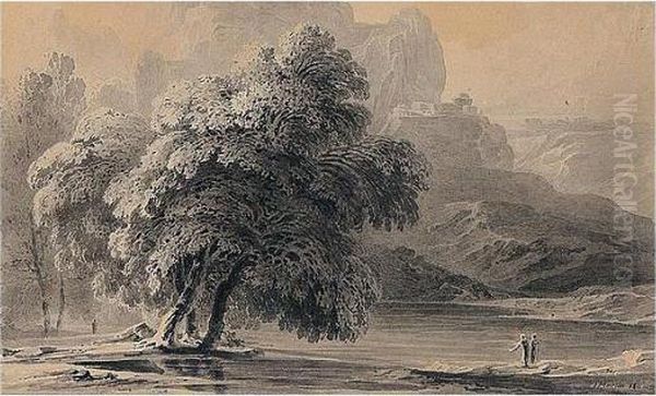 Figures By A Lake With A Mountain Beyond Oil Painting by John Martin