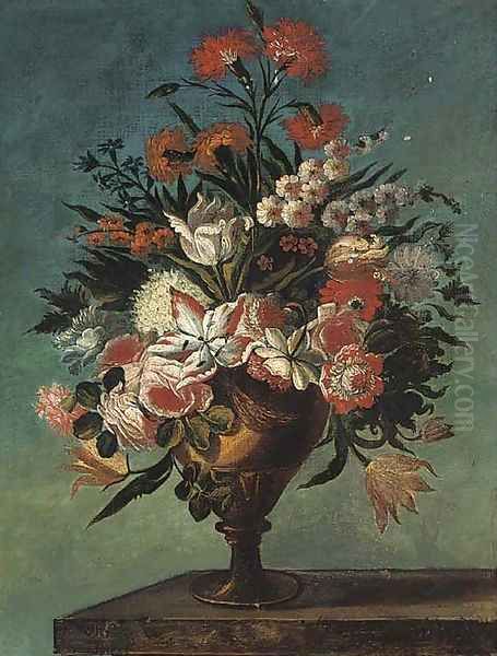 Carnations, roses, tulips, bluebells and other flowers in an urn on a ledge Oil Painting by Bartholome Perez