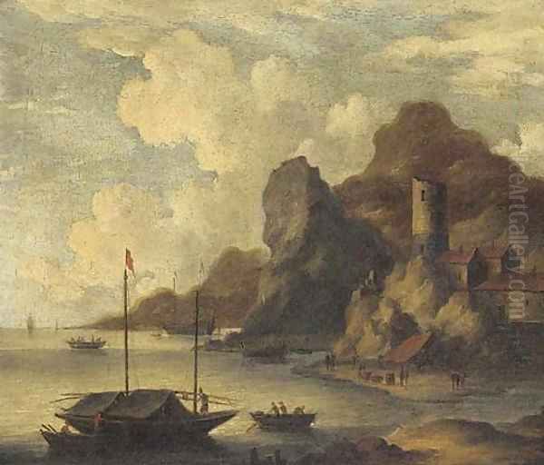 A Mediterranean coastal inlet with fishermen on the shore Oil Painting by Bonaventure II Peeters