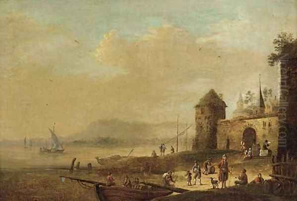 Figures unloading a barge at a riverside village Oil Painting by Bonaventure II Peeters