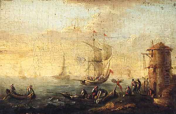 Rowing boats by a shoreline, a kaag beyond; and A shipwrecked sailing boat off a rocky coastline Oil Painting by Bonaventure II Peeters