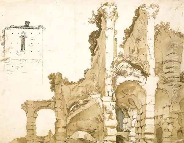 A partial view of the ruins of the Colosseum, Rome, with a study of the top of a house Oil Painting by Cornelis Van Poelenburgh