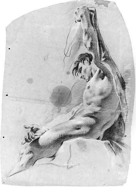 A seated nude in profile to the left raising his left arm Oil Painting by Giovanni Battista Piazzetta