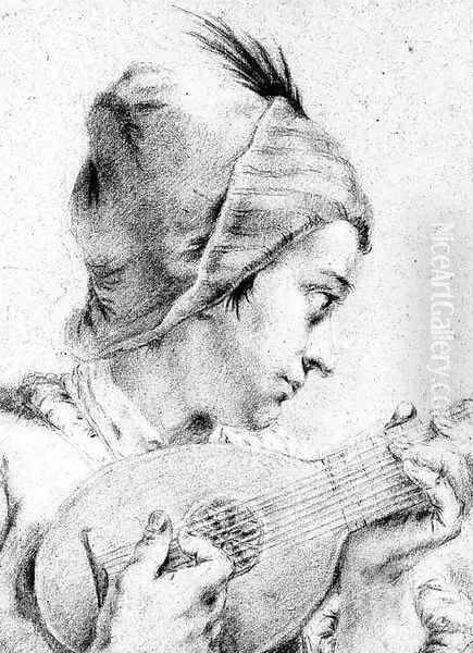 A boy in a feathered hat, playing a mandolin, bust length Oil Painting by Giovanni Battista Piazzetta