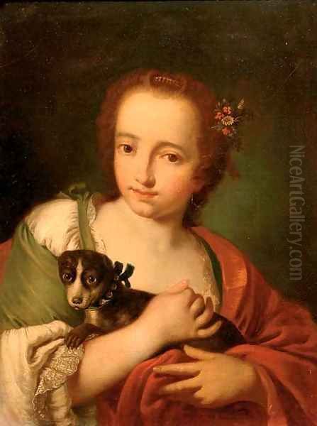 A young woman in a green dress and a red wrap, with a dog in her arms Oil Painting by Giovanni Battista Piazzetta