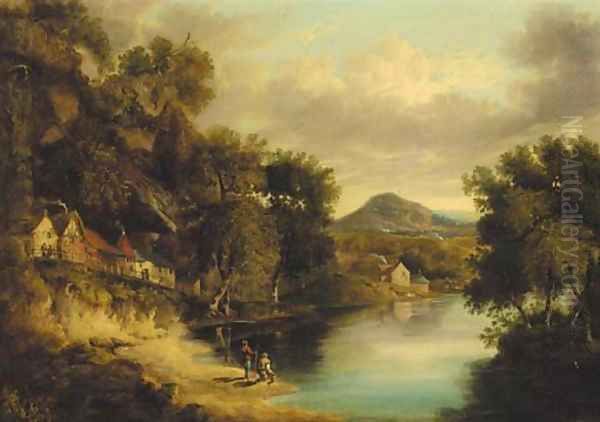 Anglers on the bank of a lake in a wooded landscape, a village beyond Oil Painting by James Poole