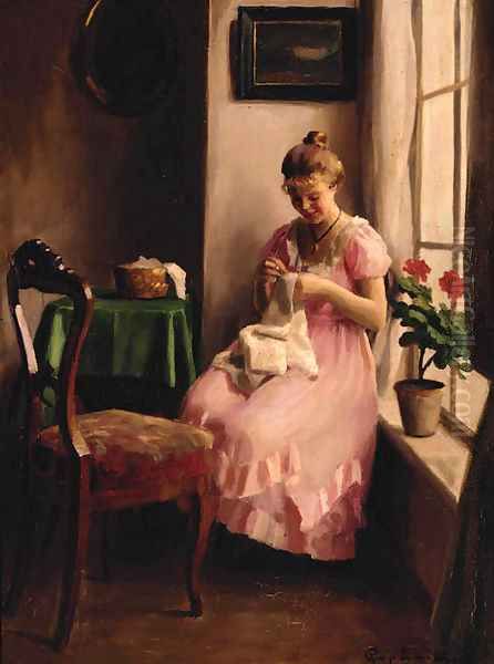 A girl in a pink dress sewing by the window Oil Painting by Emil Pap