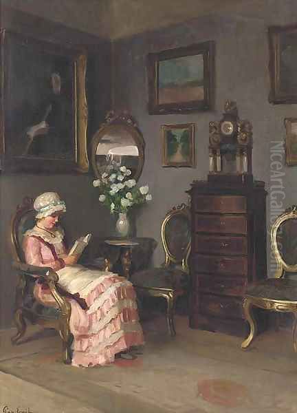 A lady reading in an interior Oil Painting by Emil Pap