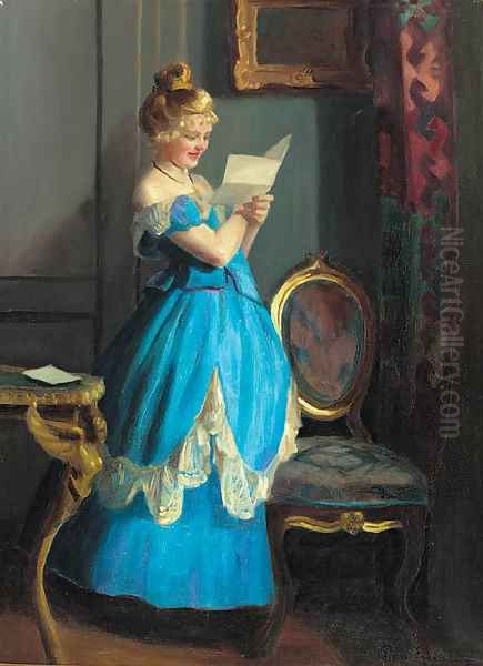 A lady in an interior reading a letter Oil Painting by Emil Pap