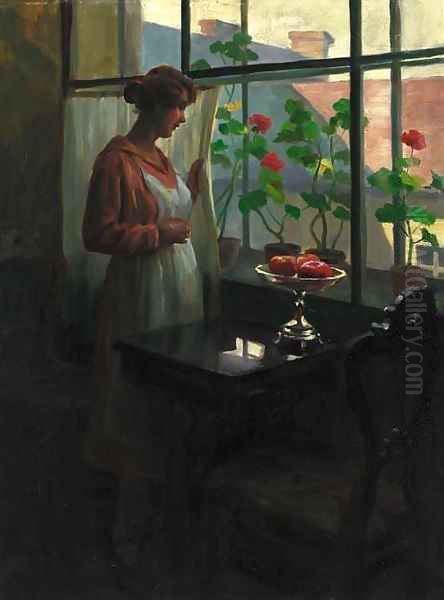 A lady at a sunlit window Oil Painting by Emil Pap