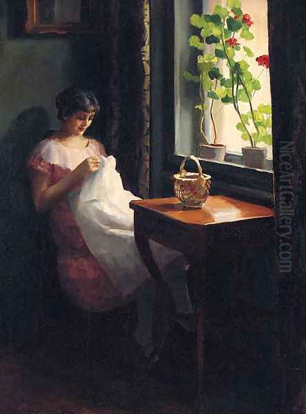 A Girl sewing by a sunlit Window Oil Painting by Emil Pap