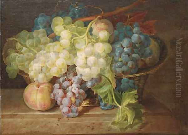 Grapes and peaches in a basket on a ledge Oil Painting by Franz Xaver Petter