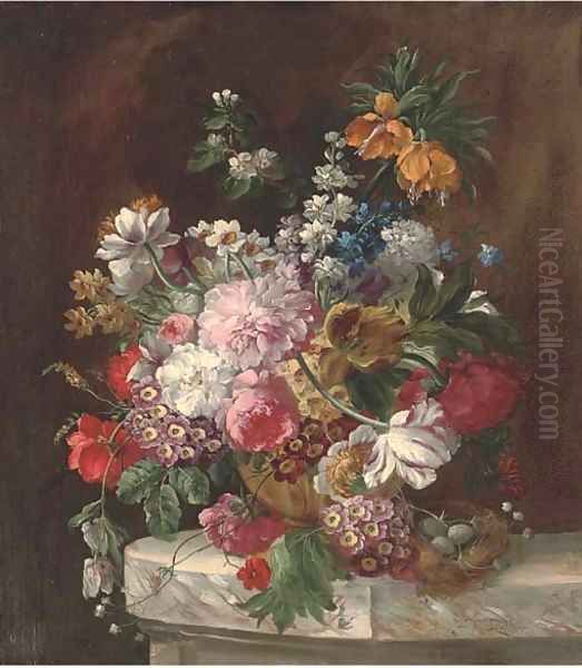 Roses, tulips, chrysanthemums, narcissae and other summers blooms in an urn by a bird's nest on a marble ledge Oil Painting by Franz Xaver Petter