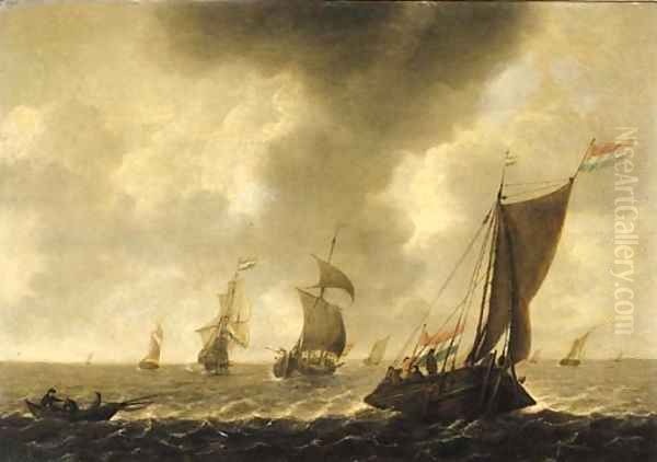 A wijdschip sailing before the wind with fishermen in a rowing boat, other shipping beyond, in choppy waters Oil Painting by Jan Porcellis