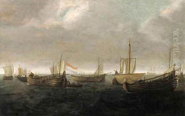 Wydships at anchor offshore on a cloudy day Oil Painting by Jan Porcellis