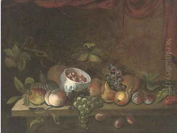 Grapes, pears, apples, plums, cherries, peaches, and a bowl Oil Painting by Maximillian Pfeiler