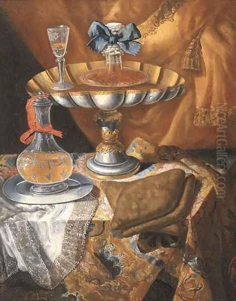 A wine glass on a silver-gilt tazza Oil Painting by Maximillian Pfeiler